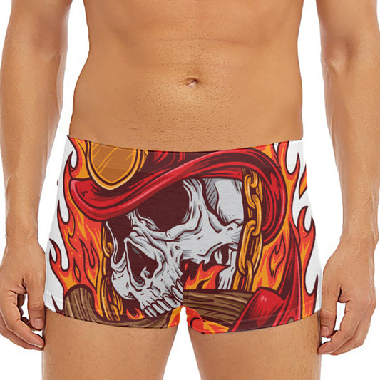Flaming Firefighter Skull Print Men's Short Boxer Briefs