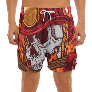 Flaming Firefighter Skull Print Men's Split Running Shorts