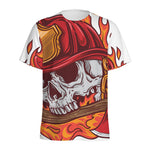 Flaming Firefighter Skull Print Men's Sports T-Shirt