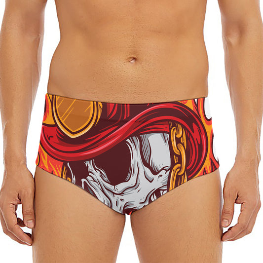 Flaming Firefighter Skull Print Men's Triangle Swim Briefs