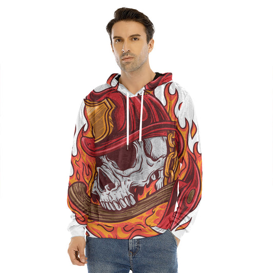 Flaming Firefighter Skull Print Men's Velvet Pullover Hoodie