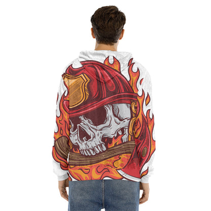 Flaming Firefighter Skull Print Men's Velvet Pullover Hoodie