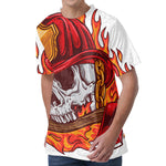 Flaming Firefighter Skull Print Men's Velvet T-Shirt