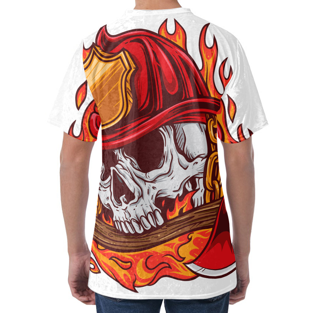 Flaming Firefighter Skull Print Men's Velvet T-Shirt