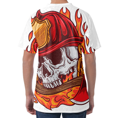 Flaming Firefighter Skull Print Men's Velvet T-Shirt