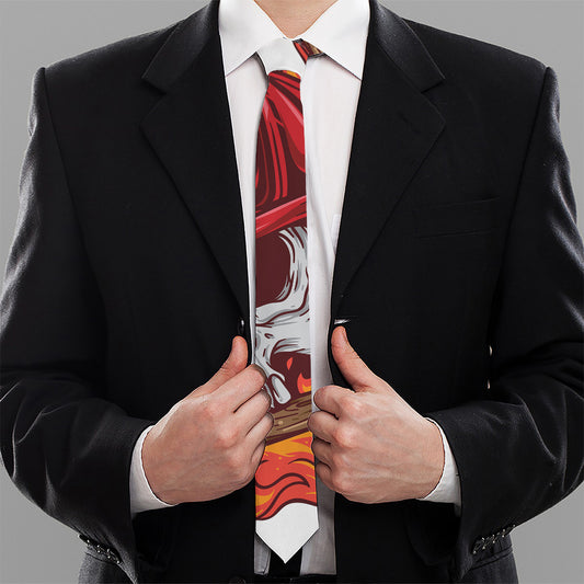 Flaming Firefighter Skull Print Necktie