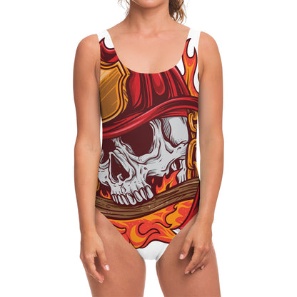 Flaming Firefighter Skull Print One Piece Swimsuit