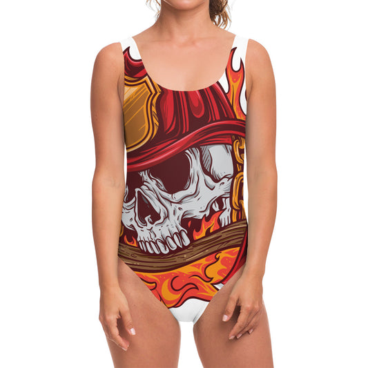 Flaming Firefighter Skull Print One Piece Swimsuit