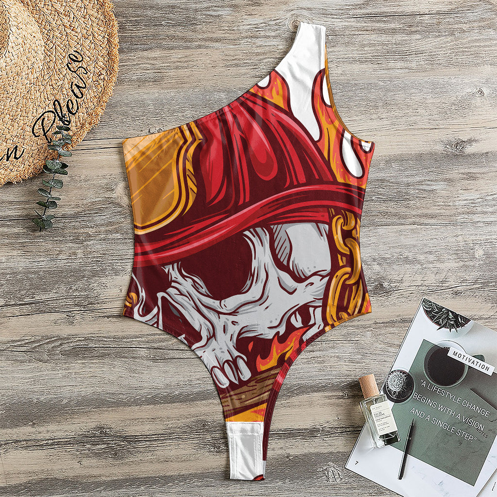 Flaming Firefighter Skull Print One Shoulder Bodysuit