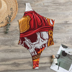 Flaming Firefighter Skull Print One Shoulder Bodysuit