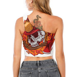 Flaming Firefighter Skull Print One Shoulder Crop Top