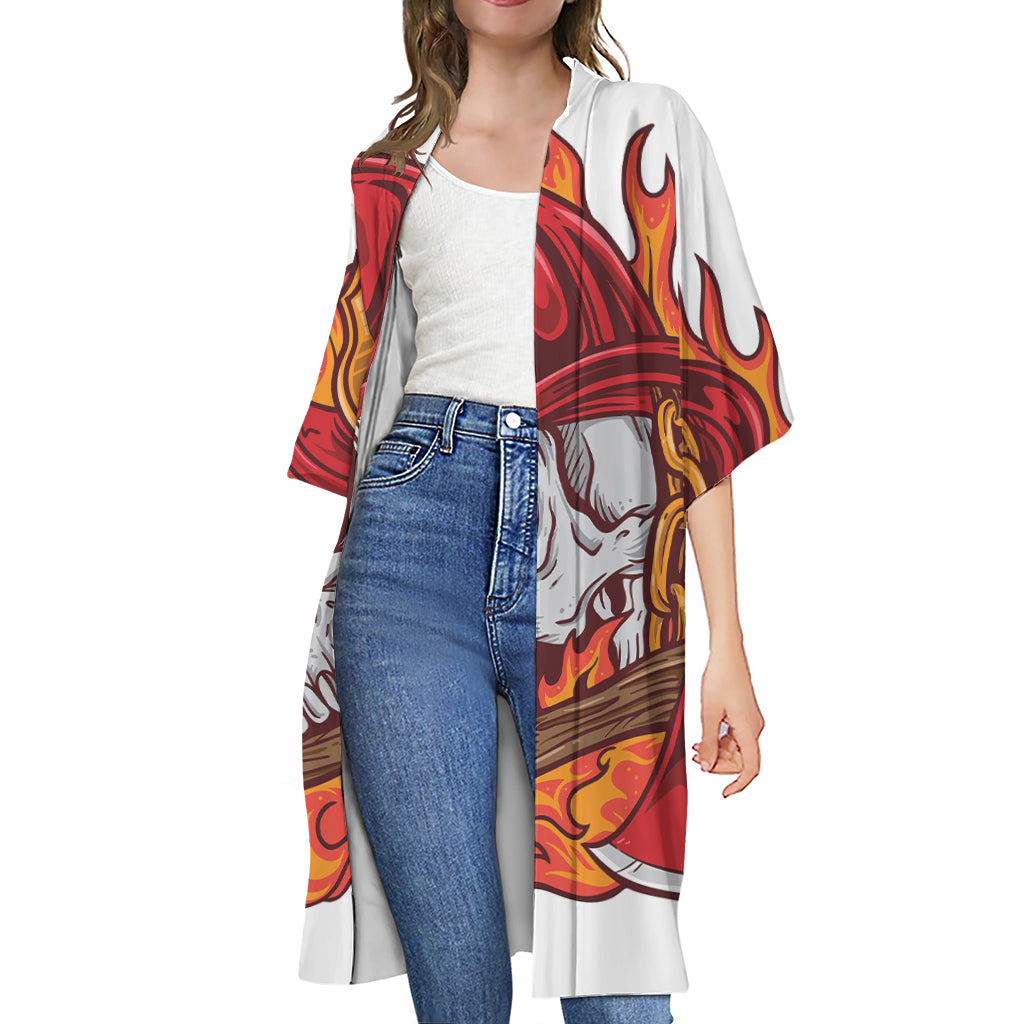 Flaming Firefighter Skull Print Open Front Beach Cover Up