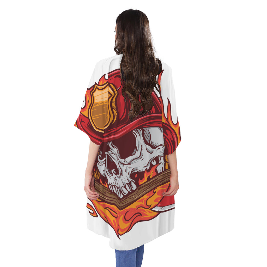 Flaming Firefighter Skull Print Open Front Beach Cover Up