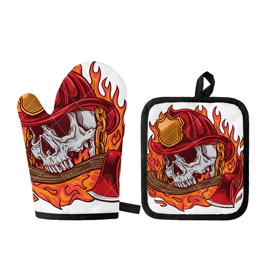 Flaming Firefighter Skull Print Oven Mitt And Pot Holder Set