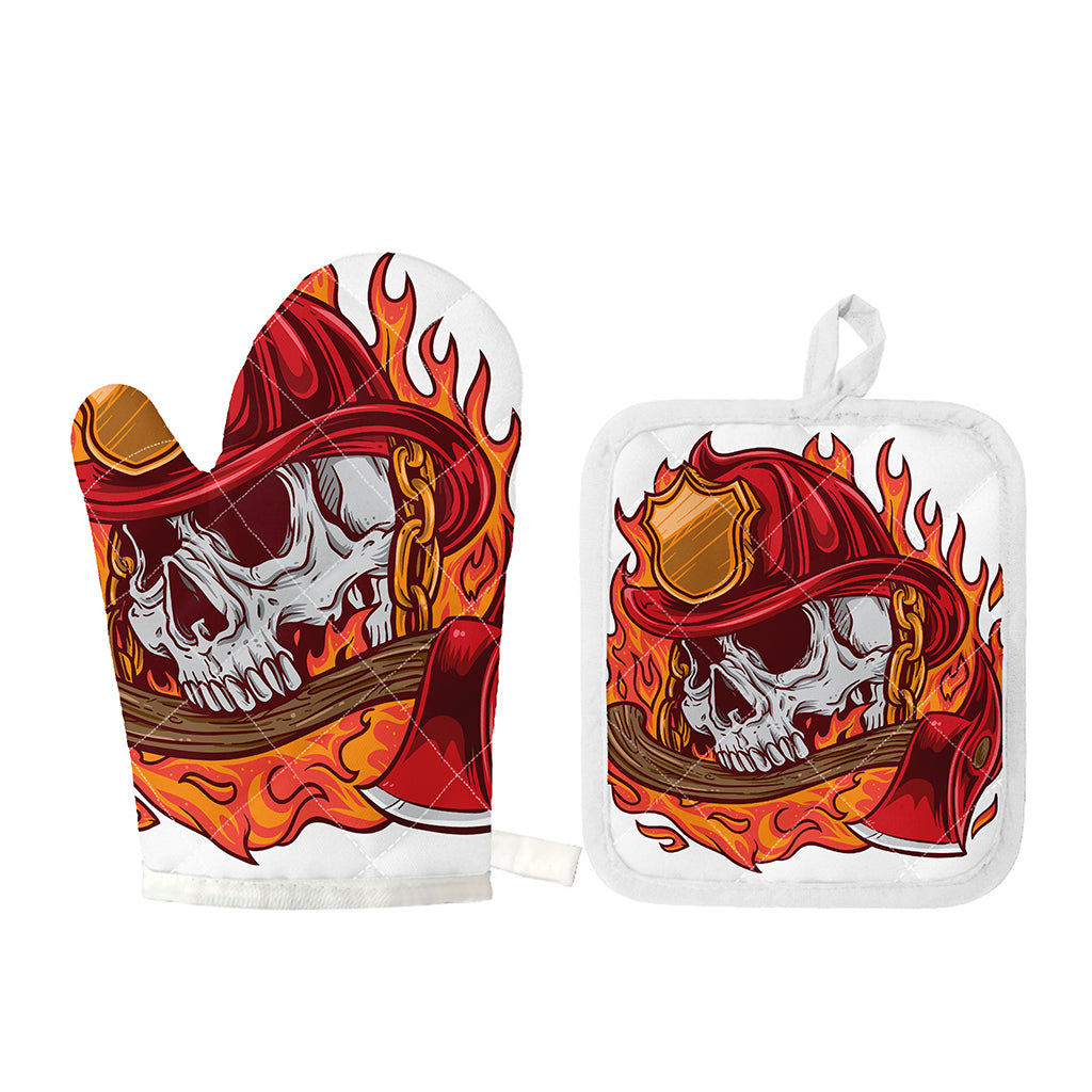 Flaming Firefighter Skull Print Oven Mitt And Pot Holder Set