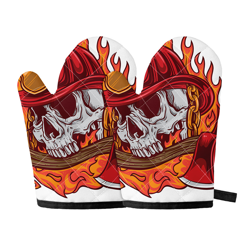 Flaming Firefighter Skull Print Oven Mitts