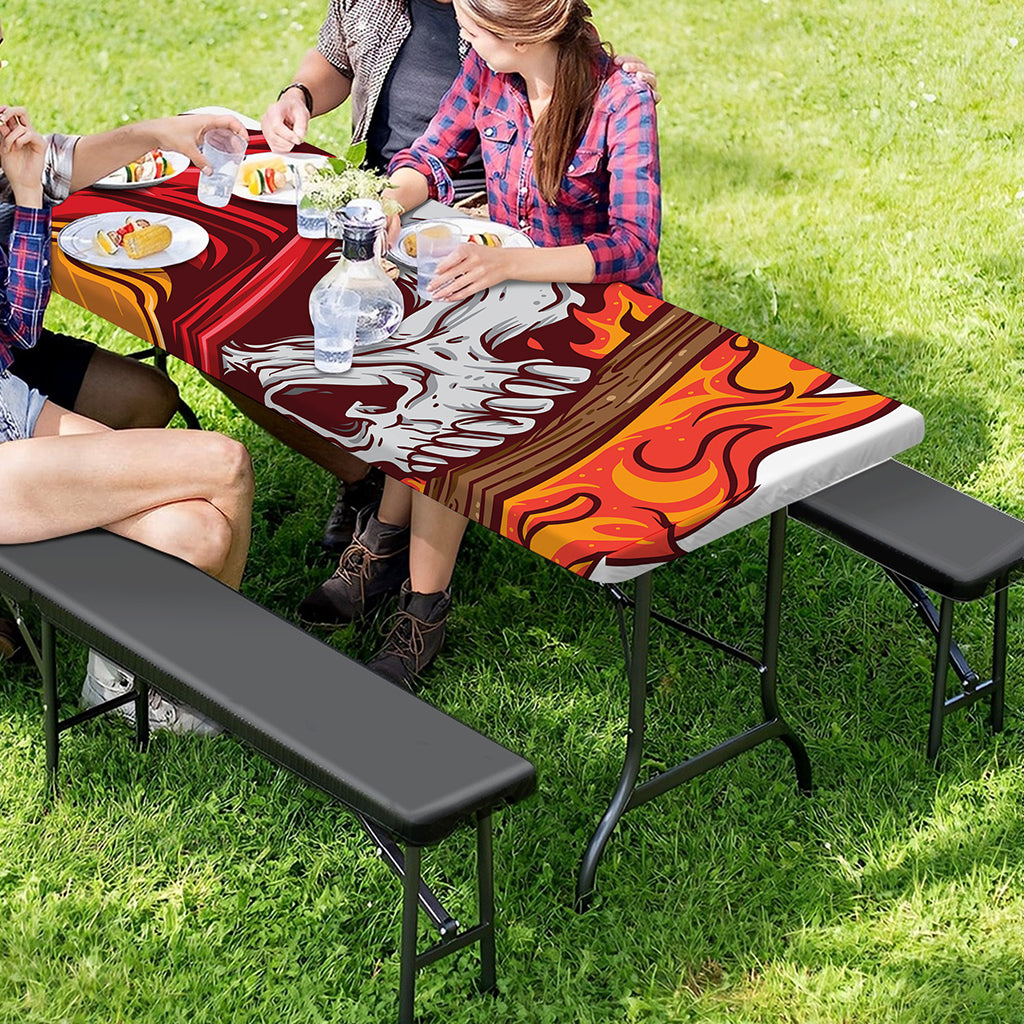 Flaming Firefighter Skull Print Picnic Table Cover