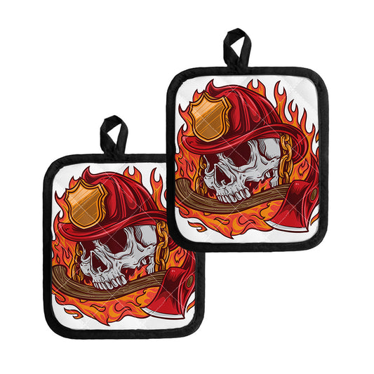 Flaming Firefighter Skull Print Pot Holders
