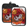 Flaming Firefighter Skull Print Pot Holders With Pocket