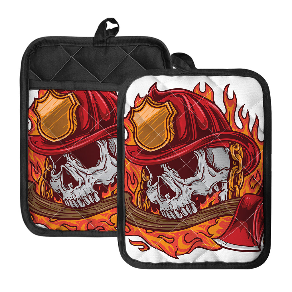 Flaming Firefighter Skull Print Pot Holders With Pocket