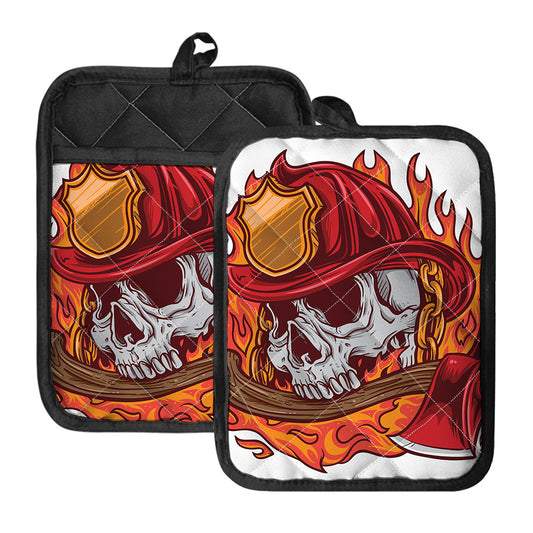 Flaming Firefighter Skull Print Pot Holders With Pocket
