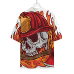 Flaming Firefighter Skull Print Rayon Hawaiian Shirt