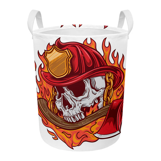 Flaming Firefighter Skull Print Round Laundry Basket