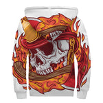 Flaming Firefighter Skull Print Sherpa Lined Zip Up Hoodie
