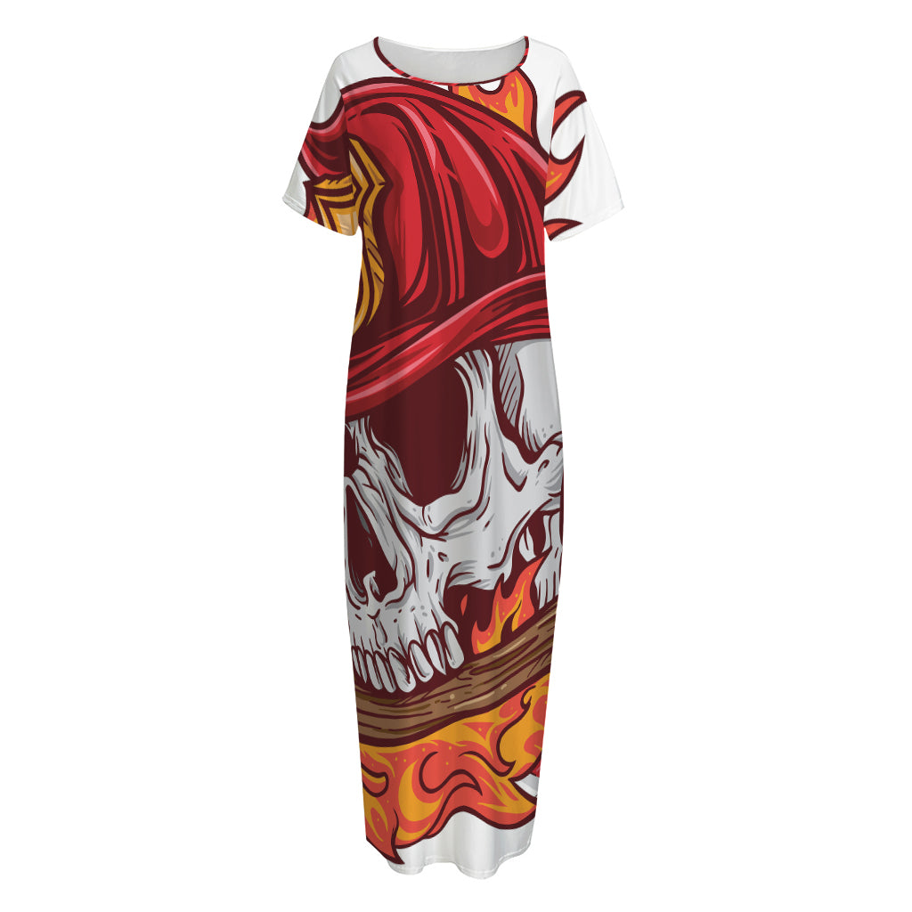 Flaming Firefighter Skull Print Short Sleeve Long Nightdress