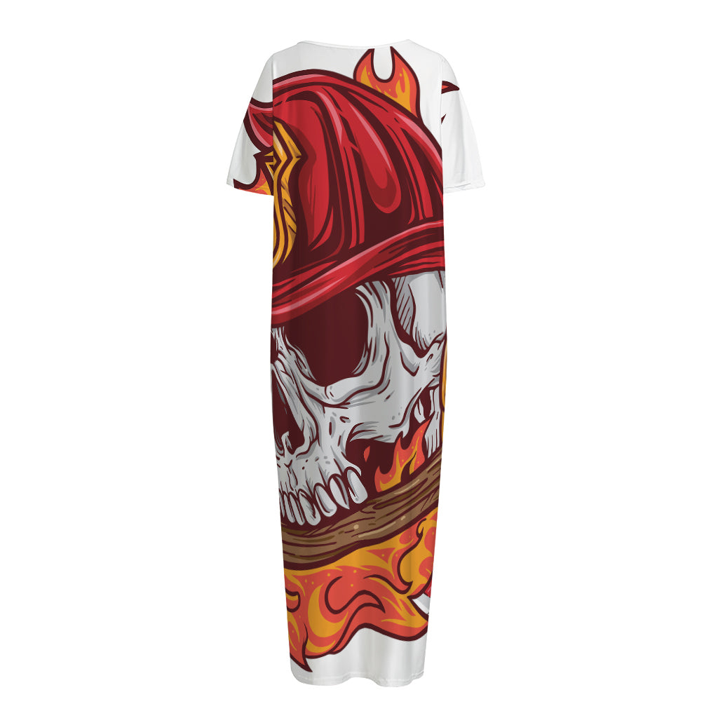 Flaming Firefighter Skull Print Short Sleeve Long Nightdress