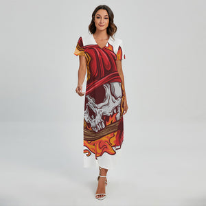 Flaming Firefighter Skull Print Short Sleeve Maxi Dress