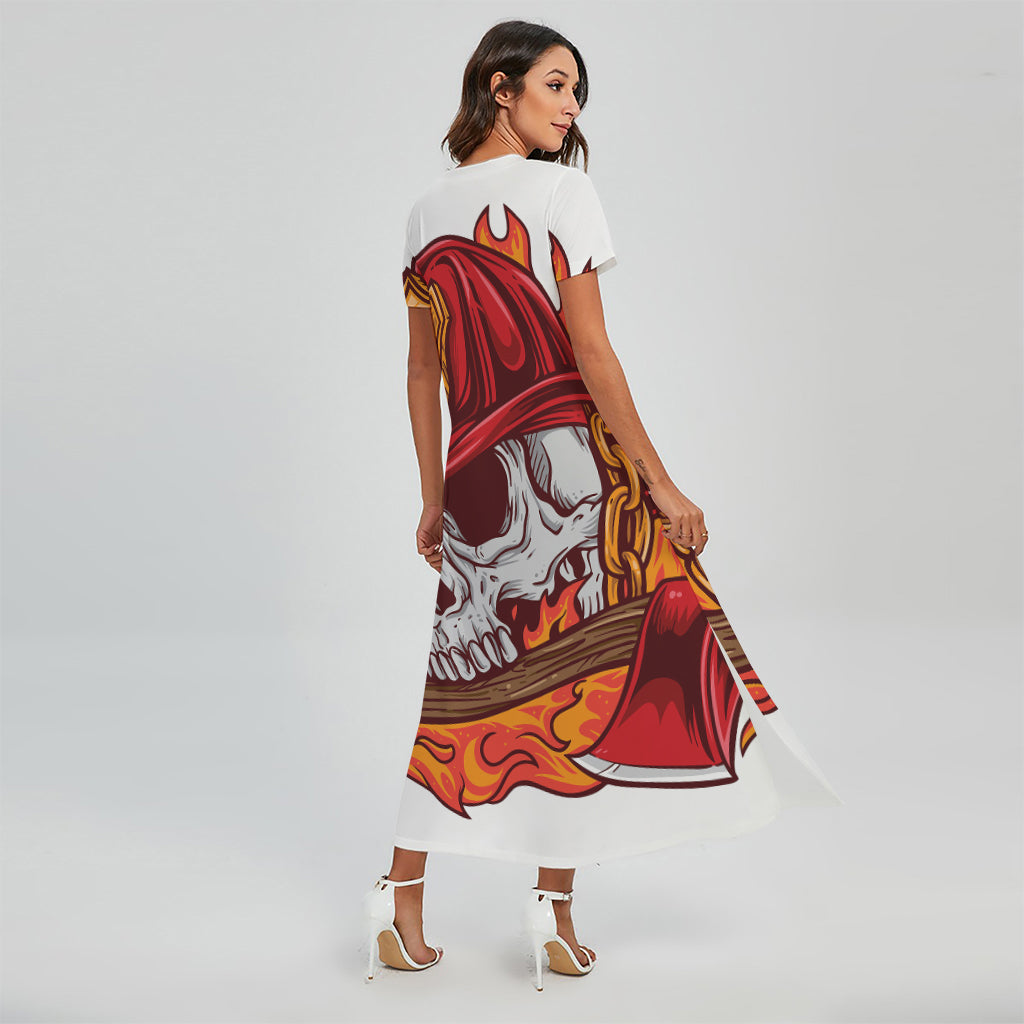 Flaming Firefighter Skull Print Short Sleeve Maxi Dress