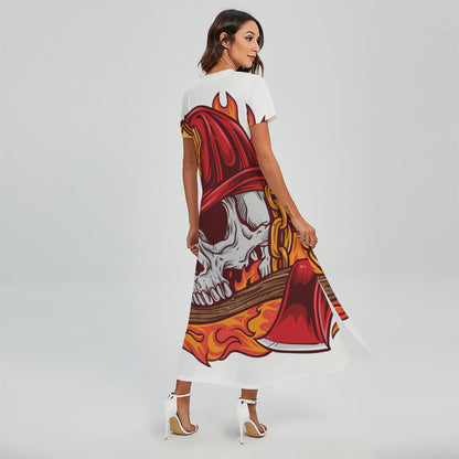 Flaming Firefighter Skull Print Short Sleeve Maxi Dress