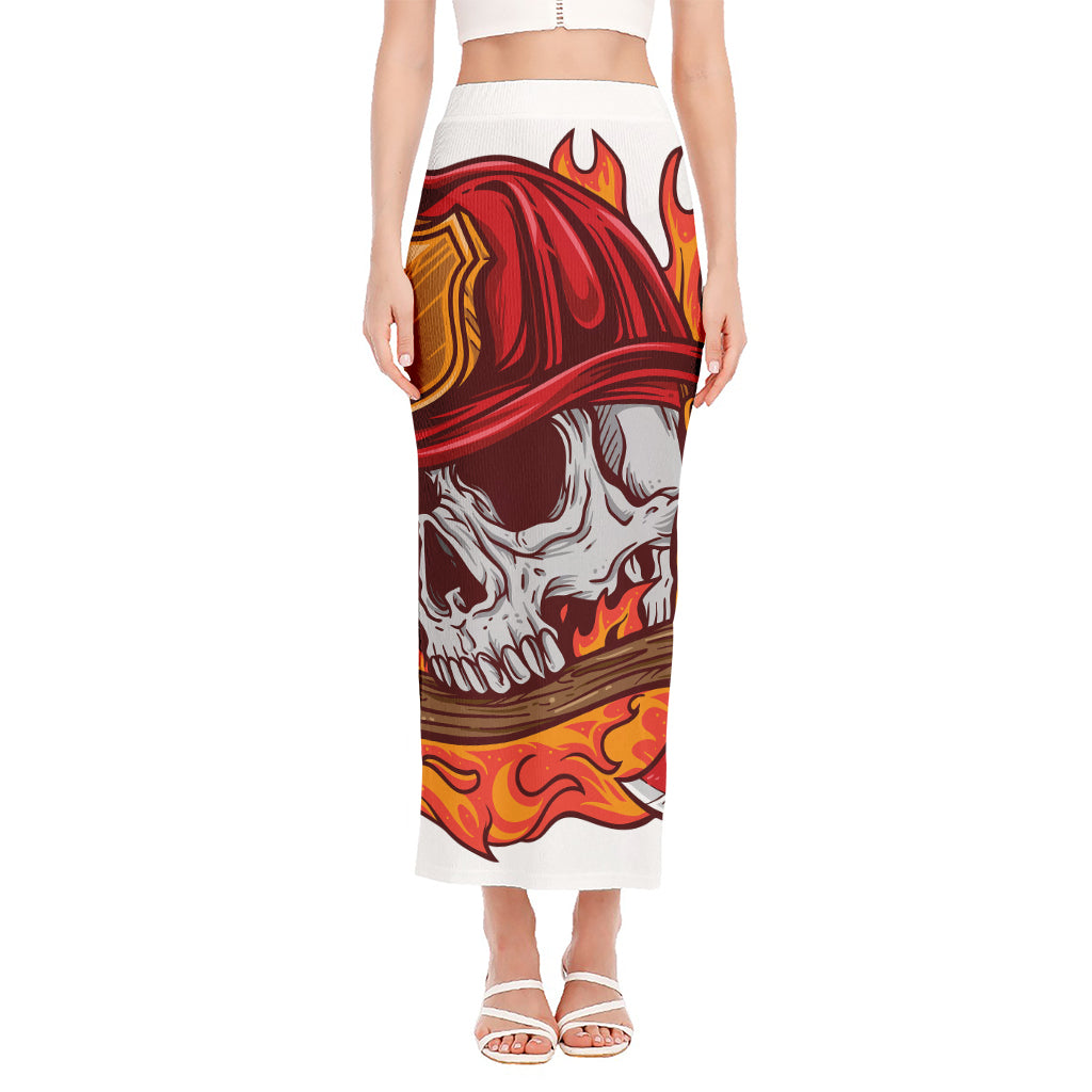 Flaming Firefighter Skull Print Side Slit Maxi Skirt