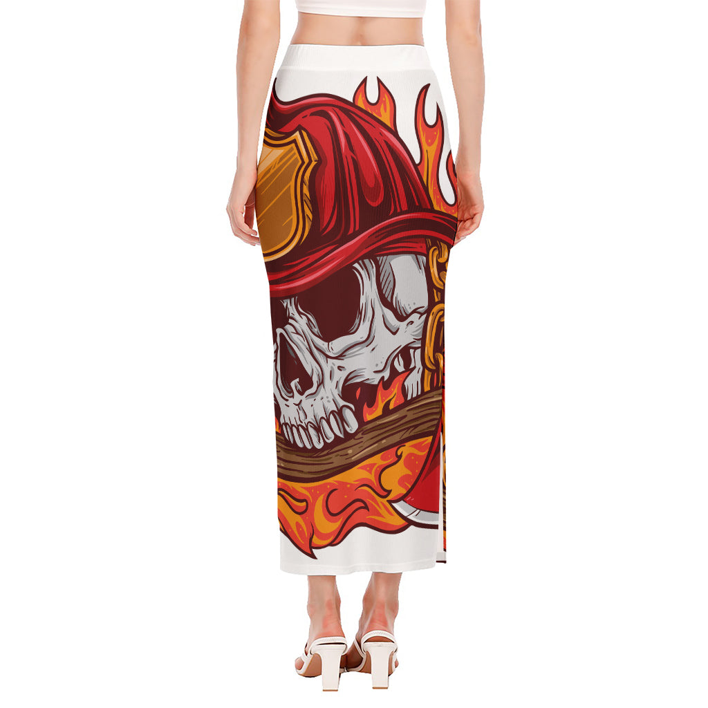 Flaming Firefighter Skull Print Side Slit Maxi Skirt