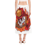 Flaming Firefighter Skull Print Side Slit Midi Skirt