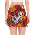 Flaming Firefighter Skull Print Side Slit Mini Skirt