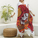 Flaming Firefighter Skull Print Silk V-Neck Kaftan Dress