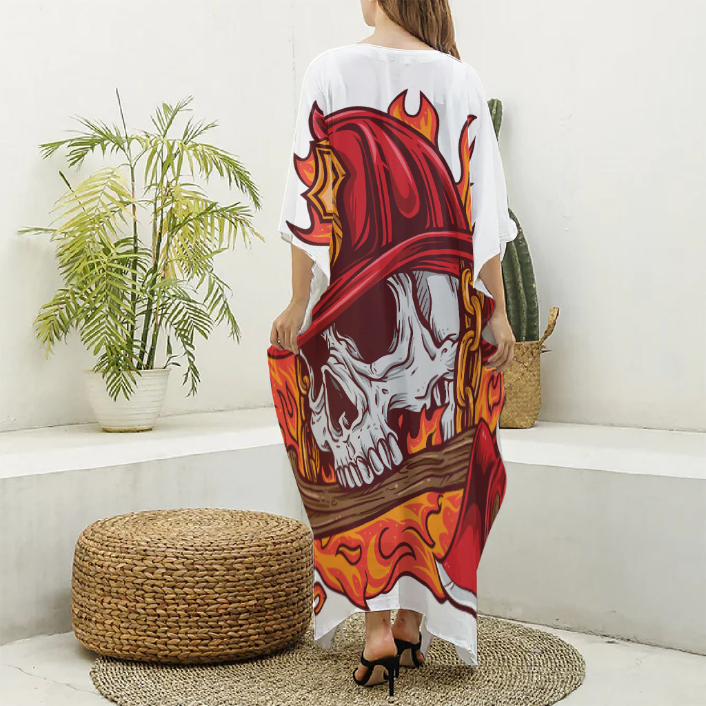 Flaming Firefighter Skull Print Silk V-Neck Kaftan Dress