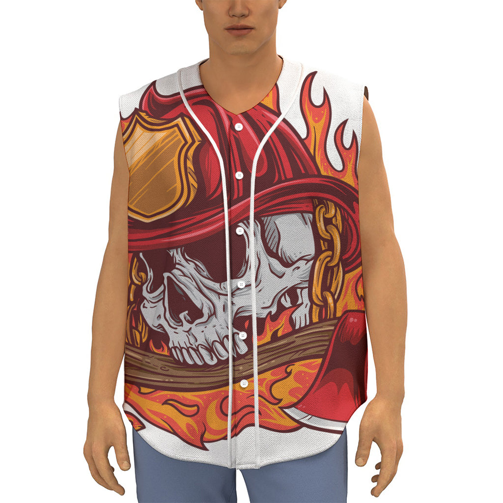 Flaming Firefighter Skull Print Sleeveless Baseball Jersey