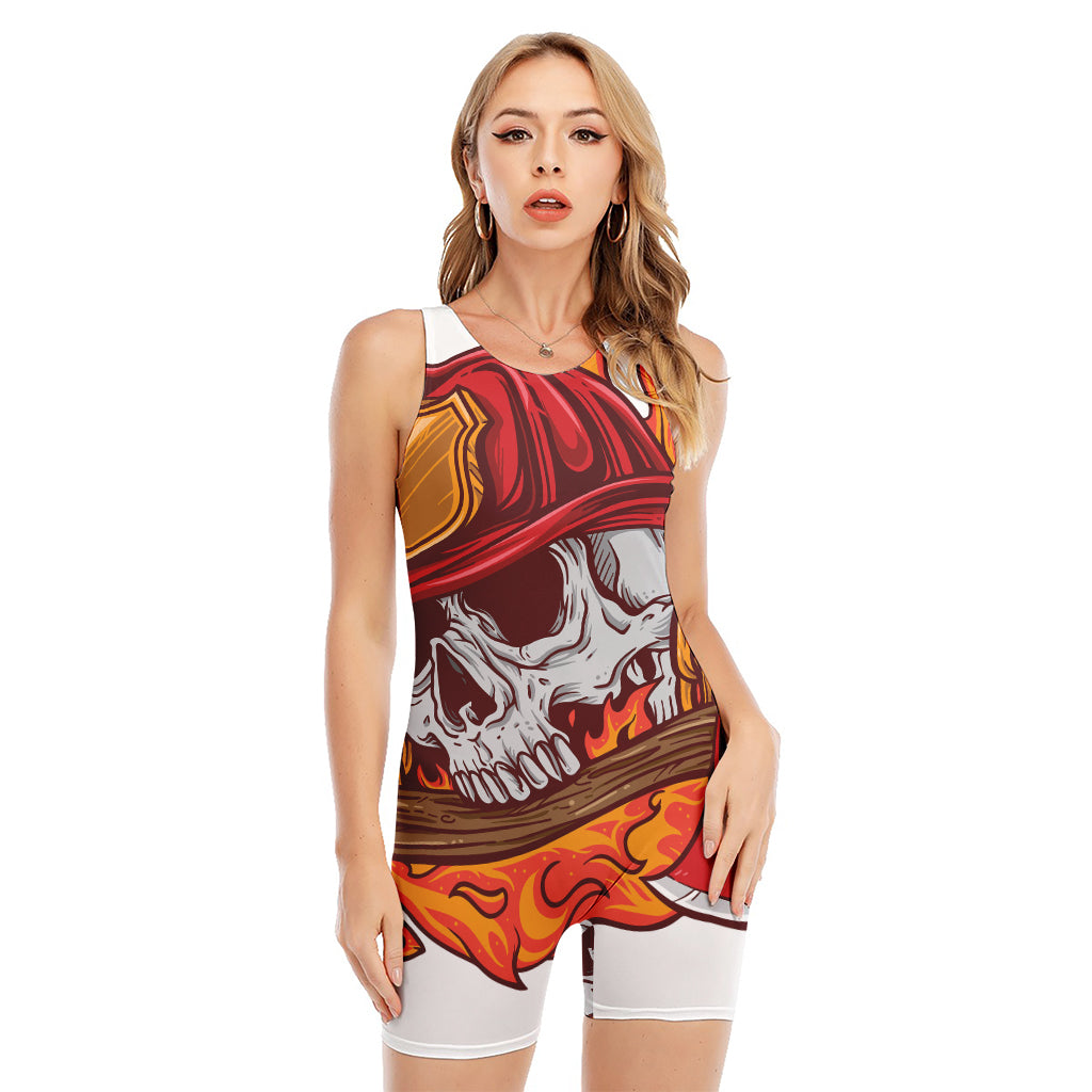 Flaming Firefighter Skull Print Sleeveless One Piece Swimsuit