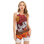 Flaming Firefighter Skull Print Sleeveless One Piece Swimsuit