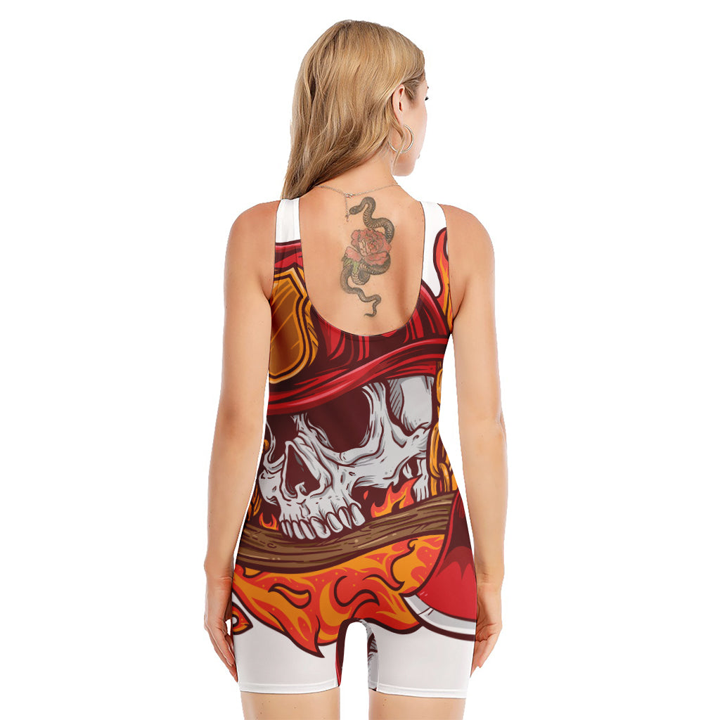 Flaming Firefighter Skull Print Sleeveless One Piece Swimsuit