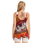 Flaming Firefighter Skull Print Sleeveless One Piece Swimsuit