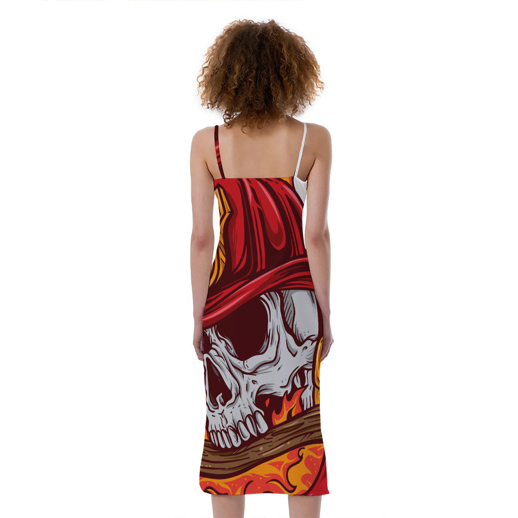 Flaming Firefighter Skull Print Slim Fit Midi Cami Dress