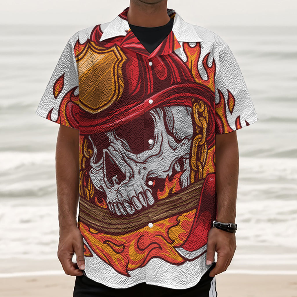 Flaming Firefighter Skull Print Textured Short Sleeve Shirt