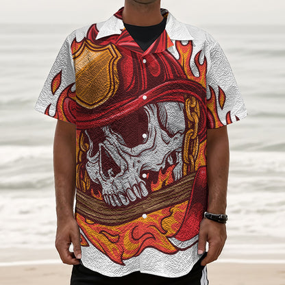 Flaming Firefighter Skull Print Textured Short Sleeve Shirt