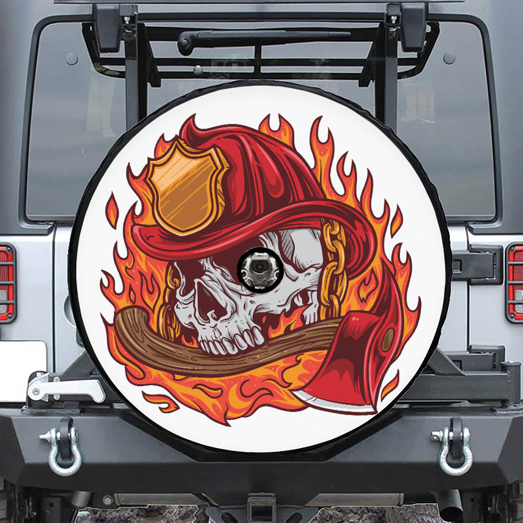 Flaming Firefighter Skull Print Tire Cover With Camera Hole