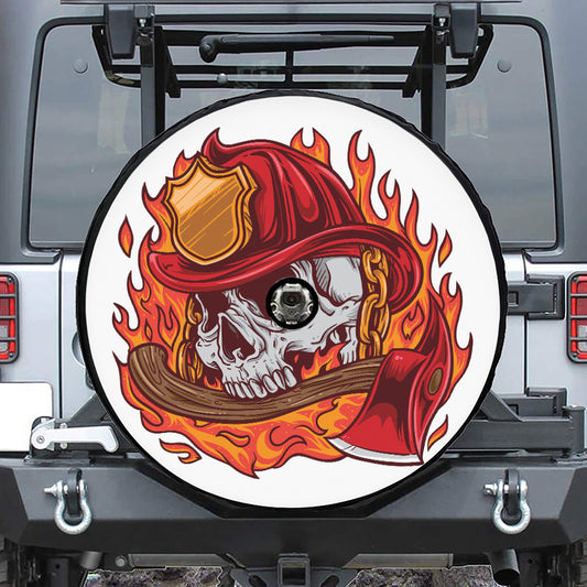 Flaming Firefighter Skull Print Tire Cover With Camera Hole