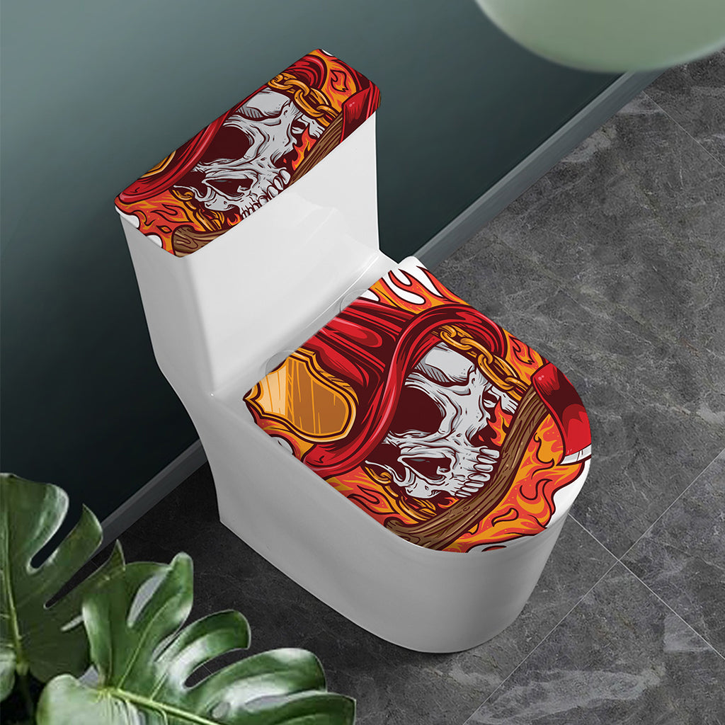 Flaming Firefighter Skull Print Toilet Lid And Tank Cover Set